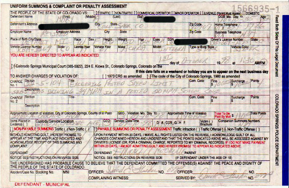 image of an old traffic ticket from Colorado Springs dated "1st Oct 31, 1998" citation for speeding