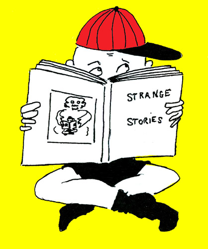©Patrick Bone a cartoon drawing of a boy wearing a red cap, black shorts, and black socks, reading a book called Strange Stories